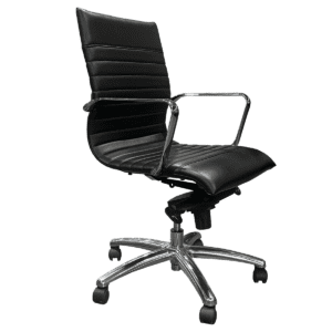 Used Mid-Back Conference Chair in Black with Polished Aluminum Base & Arms This mid-back conference chair features a black Vinyl seat and fixed arms, designed for comfort and functionality in professional settings. Mid-Back Pneumatic height-adjustable seat Tilt mechanism with tension control Tilt-lock mechanism Aluminum base Perfect for conference rooms, meeting spaces, and executive offices.