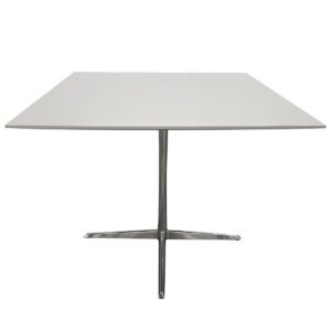 Used 36" Grey Laminate Table With Knife Edge and Polished Metal Base This table features a white laminate surface with a knife edge for a clean, modern look. The polished metal base with adjustable glides add stability and ensures proper leveling. Off-White Finish Square Laminated Surface Polished Metal Base Dimensions: 36"W x 36"D x 30"H Ideal for breakrooms, cafeterias, and casual dining spaces.