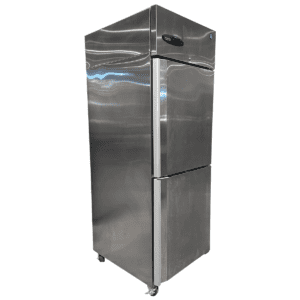 Used Hoshizaki R1A-HSL Stainless-Steel Commercial Refrigerator The Hoshizaki R1A-HSL half solid door reach-in refrigerator is designed for optimal performance and long-lasting durability in demanding commercial kitchens. Featuring a stainless-steel interior and exterior (front, sides, and top), it ensures easy maintenance and robust construction to withstand daily use. 3 adjustable, epoxy-coated shelves for flexible storage On wheels for easy mobility LED interior lighting for quick access Half solid doors conserve energy by allowing selective access Self-closing, field-reversible doors with recessed gaskets for extra protection Digital controller with temperature alarms and LED display Top-mounted refrigeration system maximizes storage space Dimensions: 27 1/2" W x 33 1/2" D x 79 1/2" H - 23.1 cu. ft. Ideal for commercial kitchens requiring efficient refrigeration.