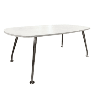 Used 84"W Oval White Laminated Table with Polished Metal Legs This 84-inch table features a white laminated surface and polished metal legs, offering a clean and practical table for various settings. White laminated surface Polished metal legs Dimensions: 84"W x 42"D x 30"H Perfect for commercial offices, conference rooms, and collaborative spaces.