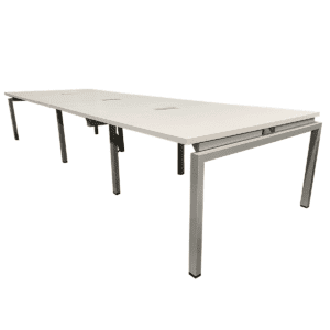 Used 12"W Clear Design Conference Table in White W/ Three Power Boxes 12-foot conference table by Clear Design features a white laminated surface, with a durable metal frame, in silver finish and includes three built-in power boxes for connectivity. White laminated surface Metal frame in silver finish Three power boxes Dimensions: 12ftW x 49"D x 29"H Perfect for conference rooms, boardrooms, and collaborative meeting spaces.