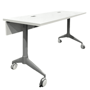 Used 72" W Training Table on Casters with Modesty Panel In White This training table features a white laminated surface, a silver frame, and locking casters for mobility. It includes a modesty panel for added privacy and two desktop grommets for cable management. White laminated surface with silver frame Locking casters for mobility and stability Modesty panel for privacy Two desktop grommets for cable management Dimensions: 72"W x 24"D x 30"H Perfect for commercial training rooms, classrooms, or collaborative workspaces