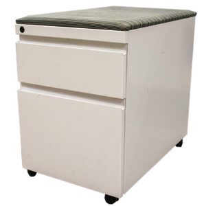 Used Mobile Box File Pedestal In White W/ Pattern Upholstered Cushion Top Measuring 15" wide, 23" deep, and 22" high, this mobile box file pedestal offers storage and mobility for easy relocation, making it ideal for various commercial settings. White Finish  Pattern Upholstered Cushion Top  Mobile Design for Easy Relocation Dimensions: 15" W x 23"D x 22"H Perfect for any commercial setting, including offices, collaborative workspaces, and reception areas.