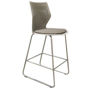 Used Knoll MultiGeneration Stool in Grey with Pattern Cushion Seat. Measuring 19" wide, 18" deep, and 44" high, this stool is designed to foster collaboration in shared, team, and large group environments. Open Design: Allows for 270° sitting, perfect for collaborative settings Passive Flex: Encourages natural movement, enhancing energy and focus Perforated Back: Provides airflow and coordinates with the Generation by Knoll® family of chairs Rolled Top Edge: Serves as an armrest when side sitting or as a handle for easy transport Footrest: Supports various sitting positions for comfort Dimensions: 19" W x 18" D x 44"H
