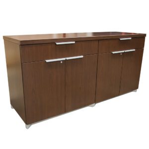 Used National Buffet Credenza, measuring 72" wide, 24" deep, and 34" high in espresso finish with silver pull handles perfect for your office space.  Key features include: Silver Pull Handles Two Drawer  Silver Kick-Plate & legs Espresso Perfect for enhancing any setting, this buffet credenza. Ideal for private office and conference areas.