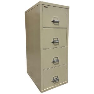 Used FireKing 4-Drawer Vertical File in Beige Finish Keep your documents safe and secure with this FireKing vertical four-drawer file cabinet, designed for fire resistance and heavy-duty use. The inter-drawer insulation provides protection in the event of a fire, while the high-security key lock ensures your important documents remain confidential. With water-resistant technology, this cabinet safeguards files from water damage, making it ideal for any office environment. Beige Finish Locking Vertical Four Drawer File Dimensions: 21.75"W x 32"D x 53.75"H Perfect for offices, legal firms, and any workplace requiring secure document storage and organization.